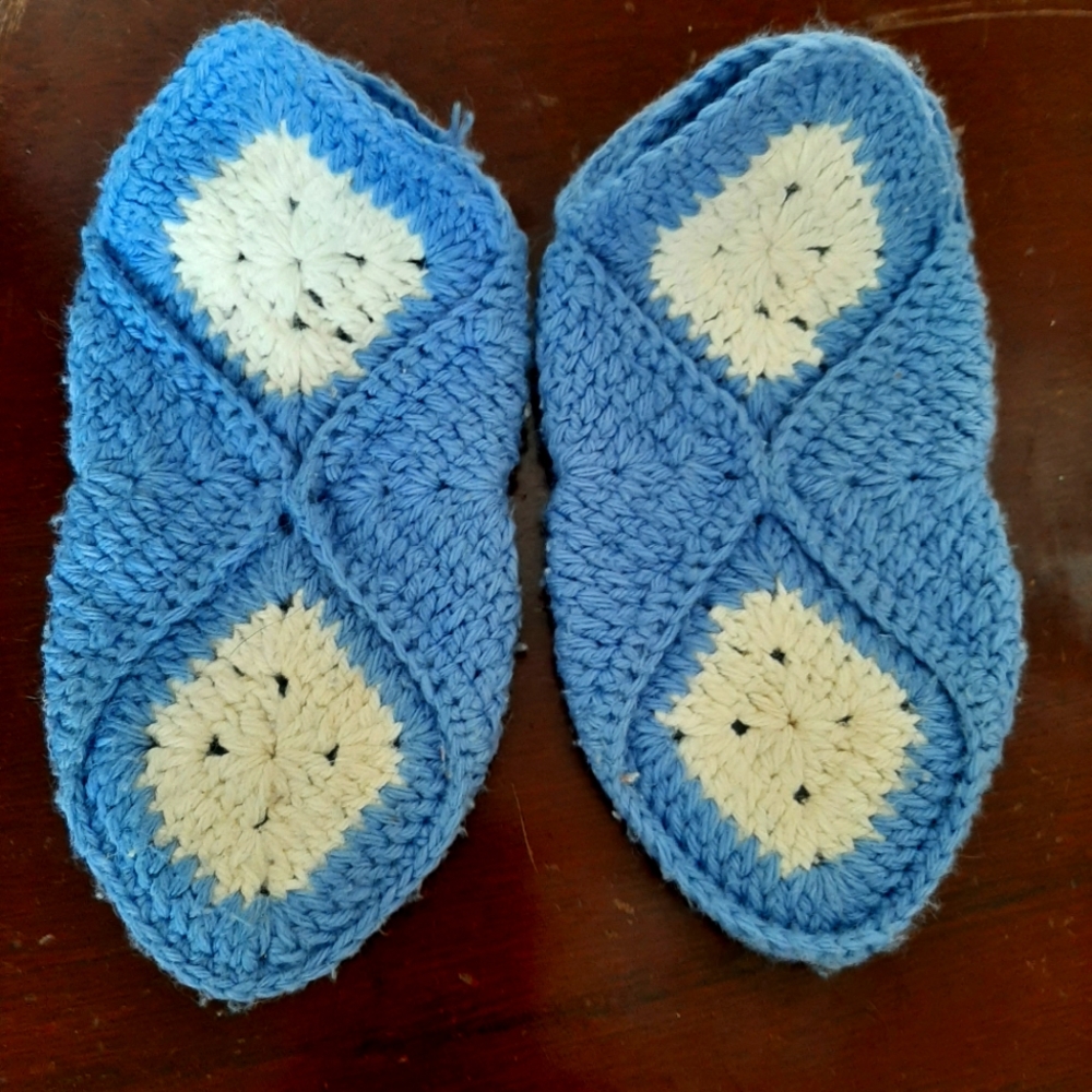 Handmade blue and white knitted slipper socks